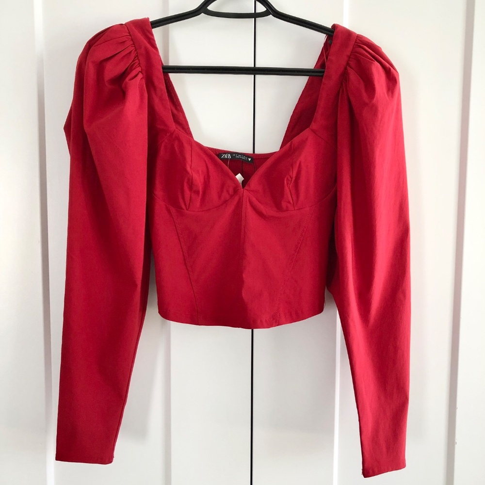 Zara, Red, Long Puffy Sleeves, With Pleats, Fitted, Crop‎ Top, NEW, Size, Small